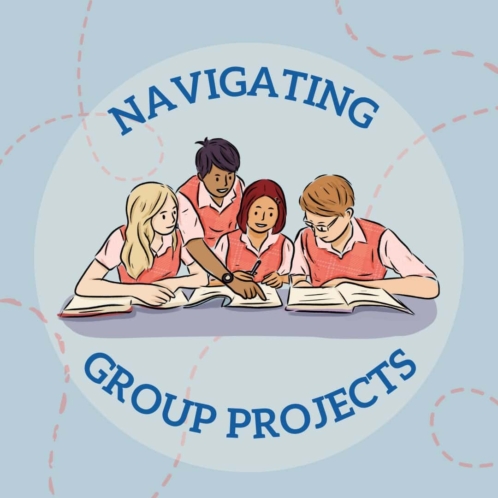 Navigating Group Projects. Image of children working together on a school project. Image contains blue and orange, the latter of which is the main color of Hodis Learning & Music's brand.