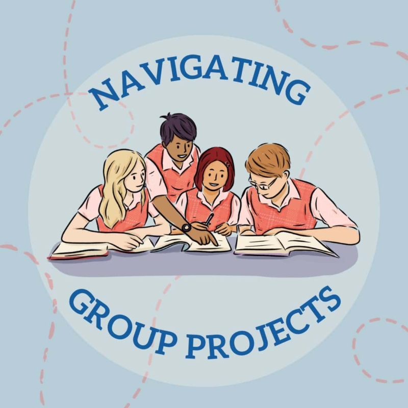 Navigating Group Projects. Image of children working together on a school project. Image contains blue and orange, the latter of which is the main color of Hodis Learning & Music's brand.