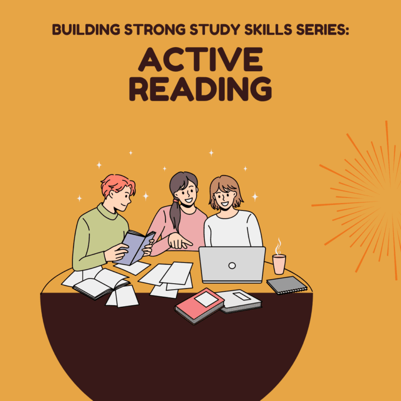 Building strong study skills: active reading. Students sitting around a table with their tutor.