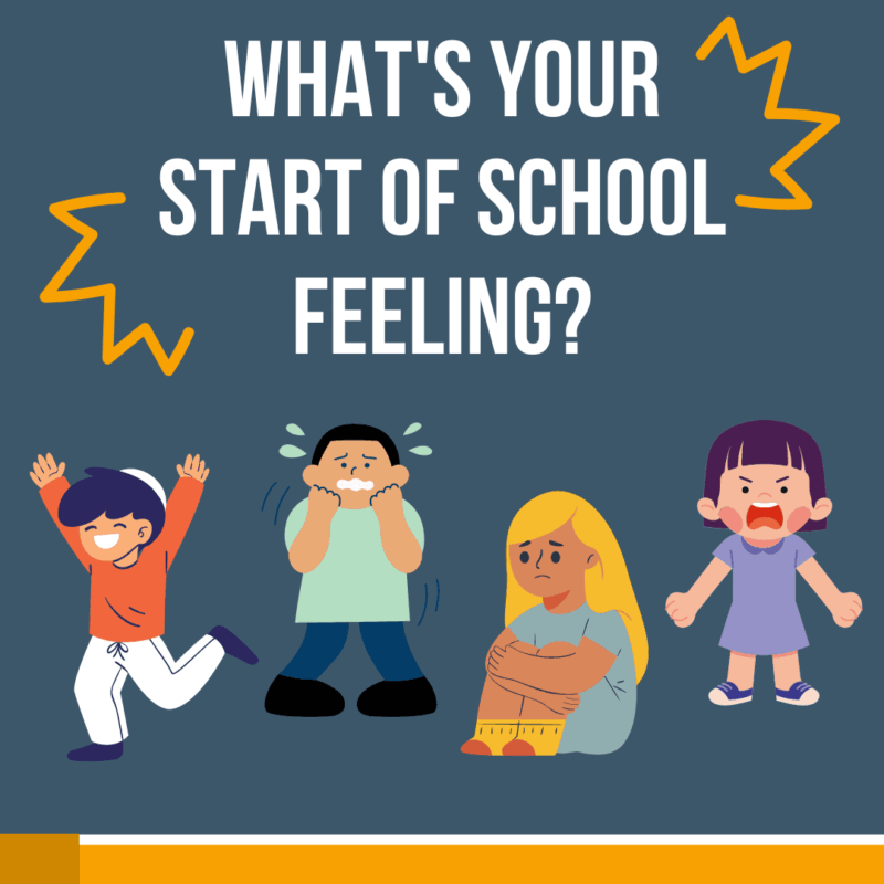 What's your start of school feeling? Photo shows four children, each showing a different emotion: fear, anxiety or stress, happiness and excitement, and anger.