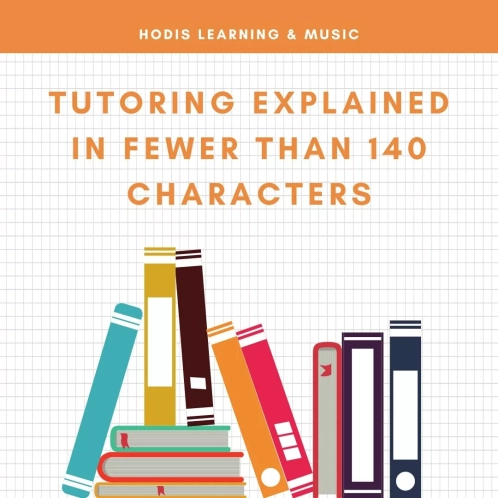 Tutoring Explained in 140 Fewer than 140 Characters. Photo contains images of books as well as the text, "Hodis Learning & Music".